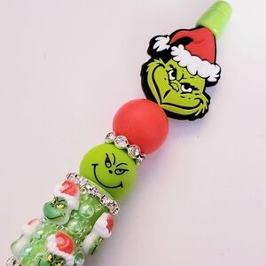 Handmade 3D Christmas Holiday Grinch Beaded Silicone Focal Bead Pen